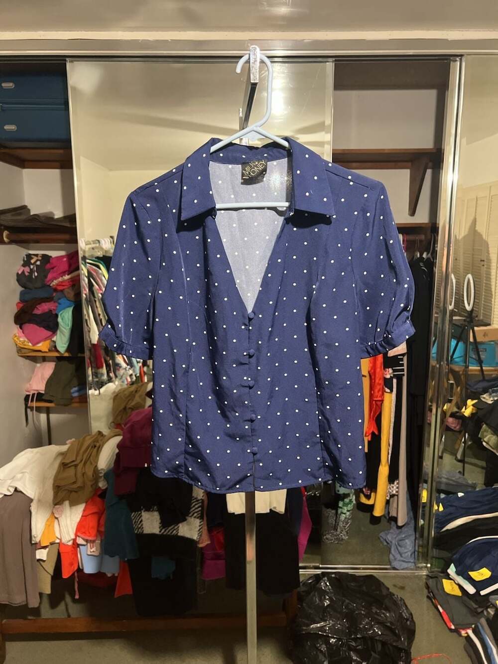 Milk & Honey Women's Blue Polka Dot Short Sleeve Button Down Blouse Size XL